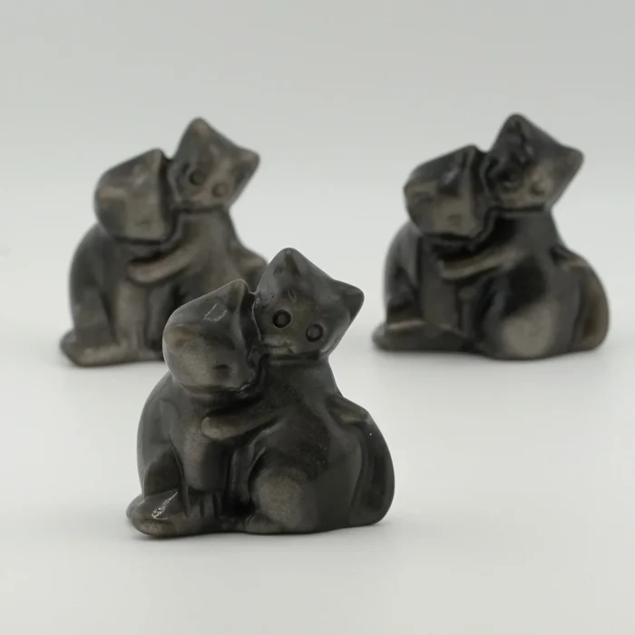 Silver Sheen Obsidian Cat Couple Figurine